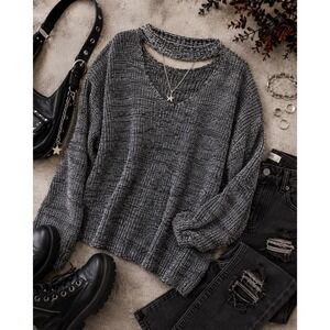 Women's L Black Gray Marled Knit Choker Neck Sweater Oversized‎ Y2K Grunge